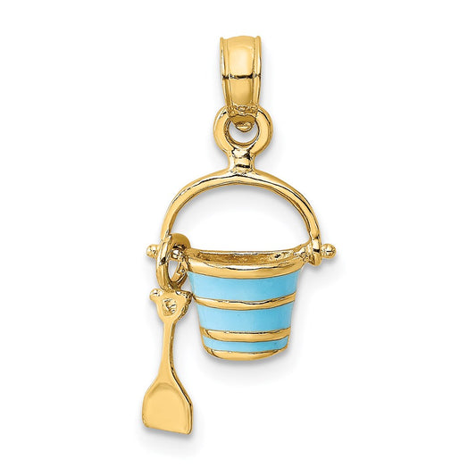 Million Charms 14K Yellow Gold Themed 2-D Aqua Enameled Beach Bucket With Moveable Shovel Charm