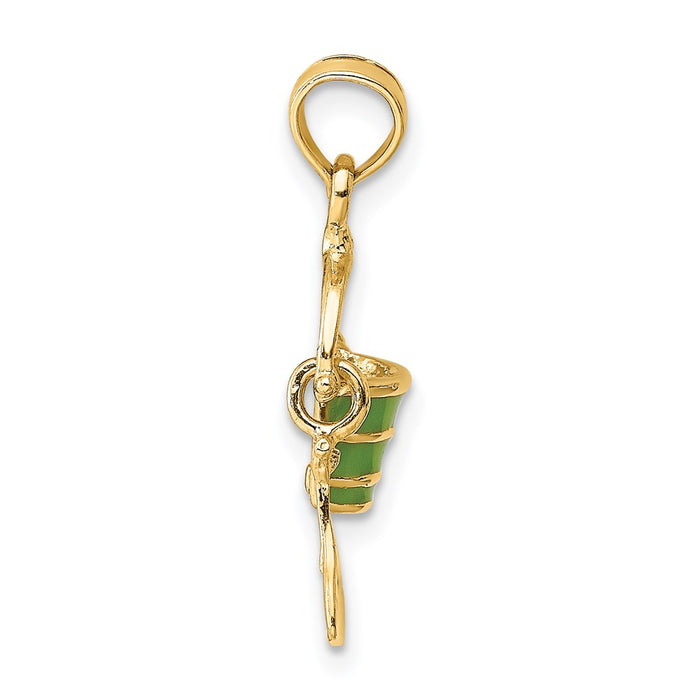 Million Charms 14K Yellow Gold Themed 2-D Green Enameled Beach Bucket With Moveable Shovel Charm