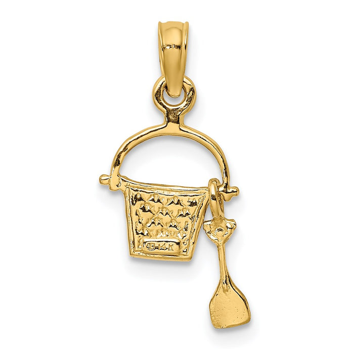 Million Charms 14K Yellow Gold Themed 2-D Green Enameled Beach Bucket With Moveable Shovel Charm