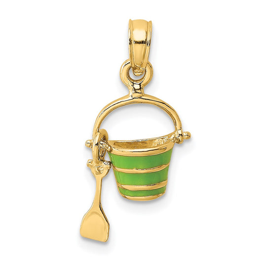 Million Charms 14K Yellow Gold Themed 2-D Green Enameled Beach Bucket With Moveable Shovel Charm