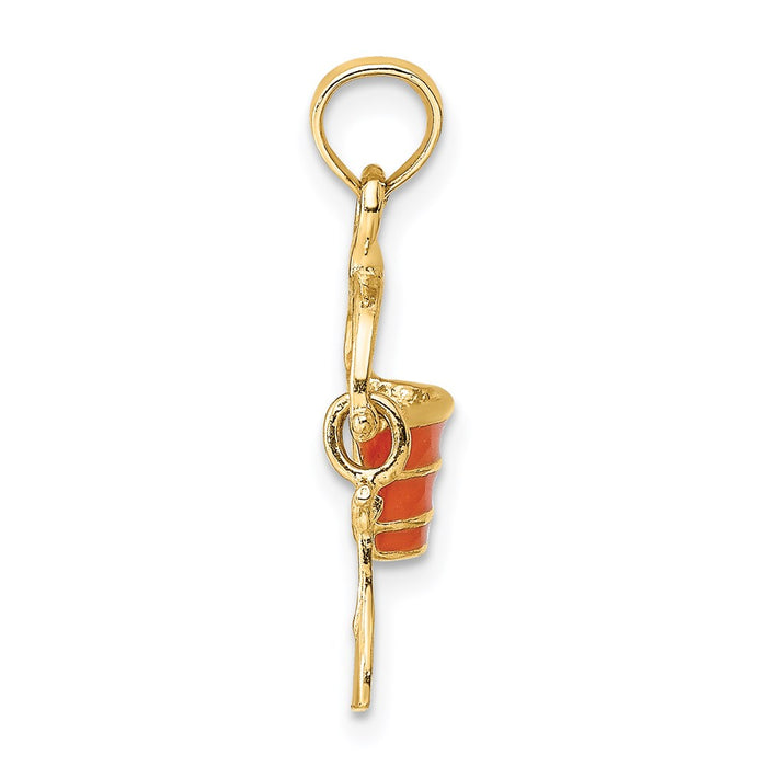 Million Charms 14K Yellow Gold Themed 2-D Orange Enameled Beach Bucket With Moveable Shovel Charm