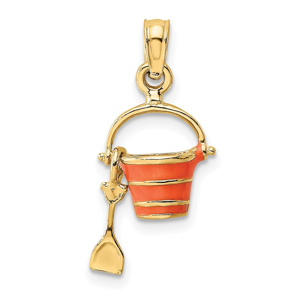 Million Charms 14K Yellow Gold Themed 2-D Orange Enameled Beach Bucket With Moveable Shovel Charm