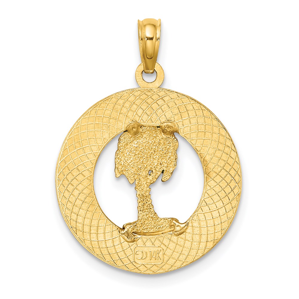 Million Charms 14K Yellow Gold Themed Ocean City On Round Frame With Enameled Palm Tree Charm