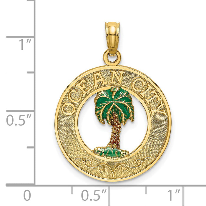 Million Charms 14K Yellow Gold Themed Ocean City On Round Frame With Enameled Palm Tree Charm