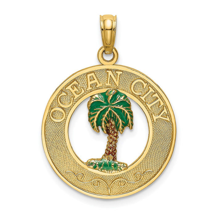 Million Charms 14K Yellow Gold Themed Ocean City On Round Frame With Enameled Palm Tree Charm