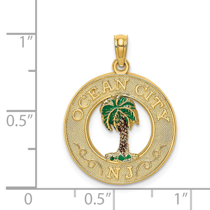 Million Charms 14K Yellow Gold Themed Ocean City, Nj Round Frame With Enamel Palm Tree Charm