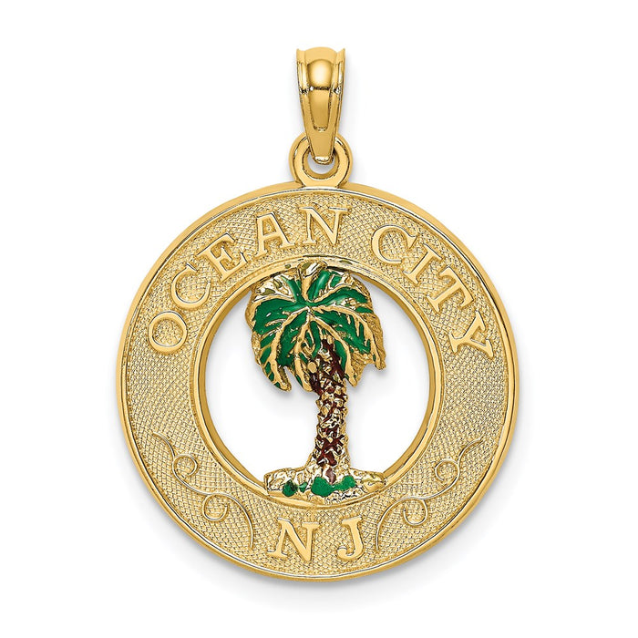 Million Charms 14K Yellow Gold Themed Ocean City, Nj Round Frame With Enamel Palm Tree Charm