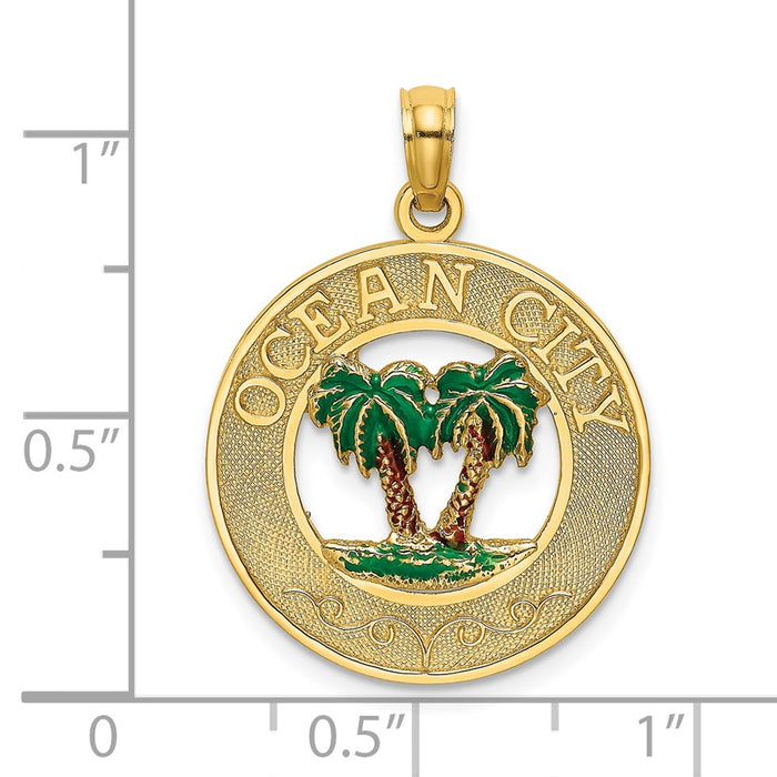 Million Charms 14K Yellow Gold Themed Ocean City On Round Frame With Enameled Palm Trees Charm