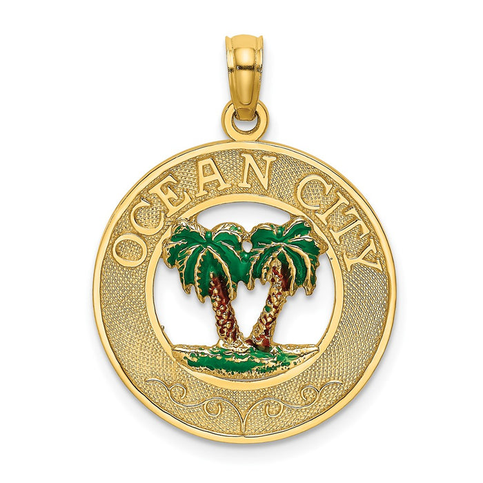 Million Charms 14K Yellow Gold Themed Ocean City On Round Frame With Enameled Palm Trees Charm