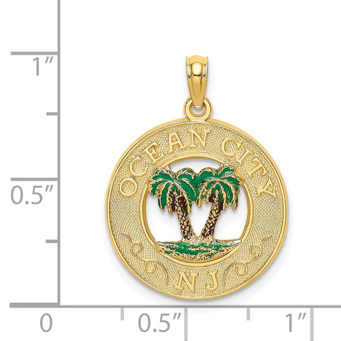 Million Charms 14K Yellow Gold Themed Enamel Palm Trees Ocean City,Nj On Round Frame Charm