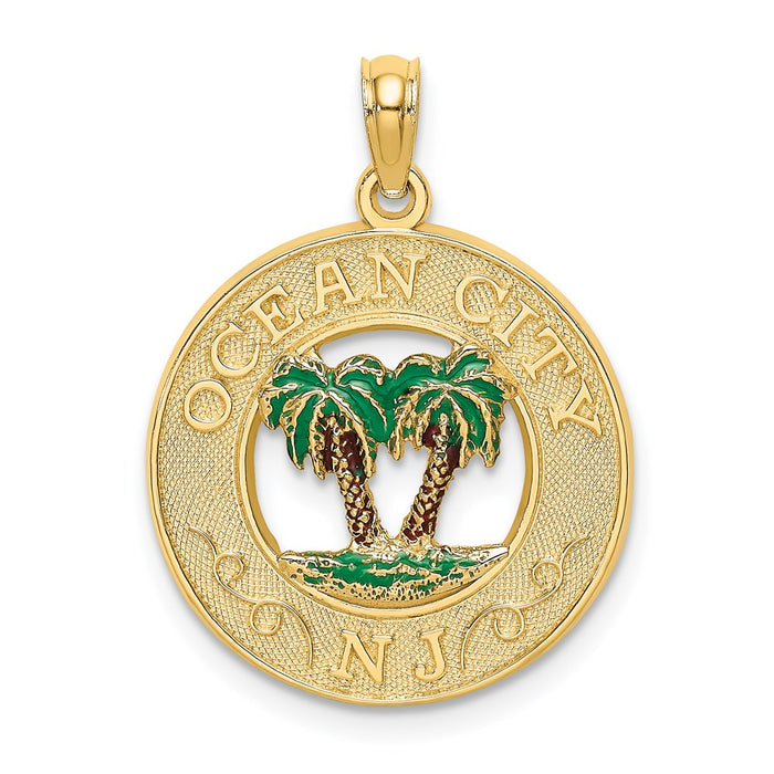 Million Charms 14K Yellow Gold Themed Enamel Palm Trees Ocean City,Nj On Round Frame Charm