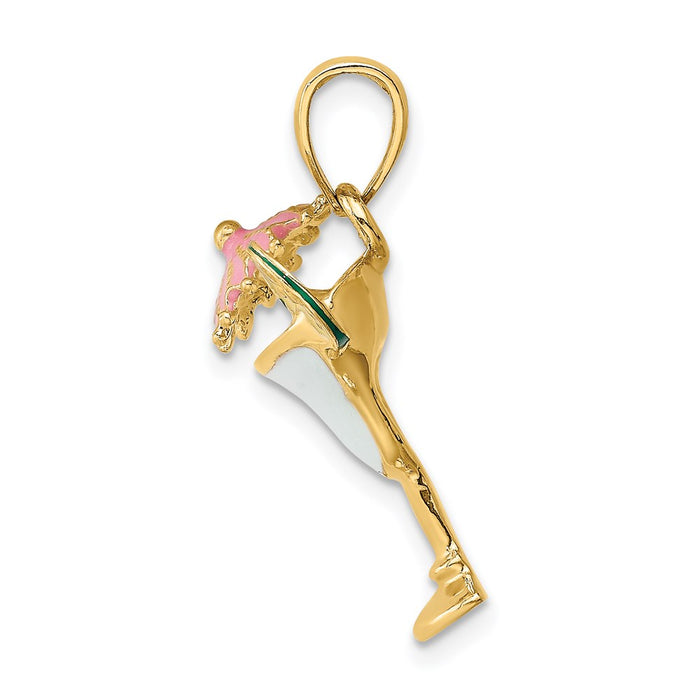 Million Charms 14K Yellow Gold Themed 2-D Enameled Margarita Drink With Umbrella & Lime Charm