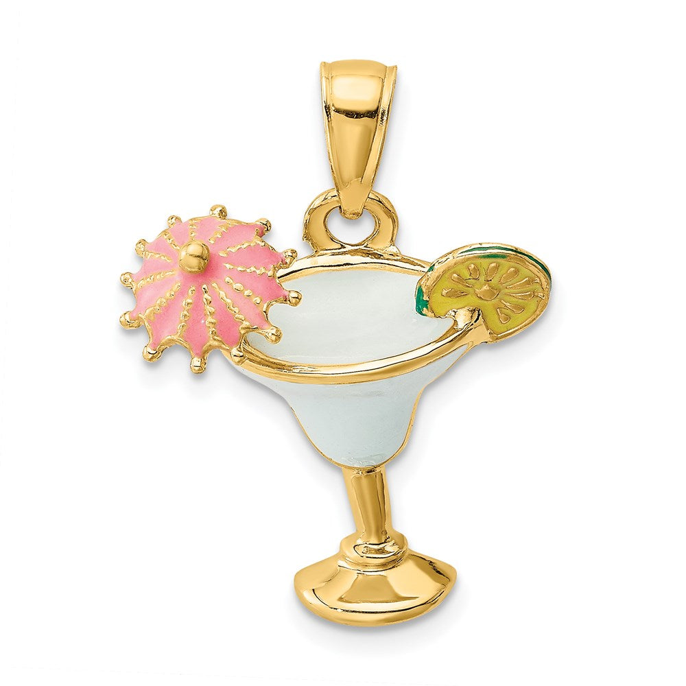Million Charms 14K Yellow Gold Themed 2-D Enameled Margarita Drink With Umbrella & Lime Charm