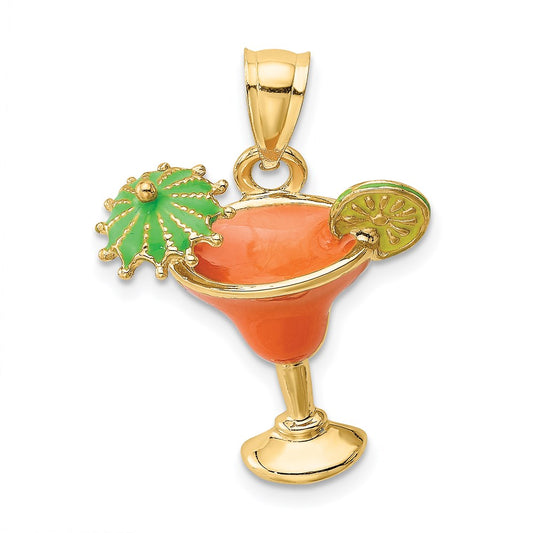 Million Charms 14K Yellow Gold Themed 2-D Orange Enameled Margarita Drink With Umbrella & Lima Charm
