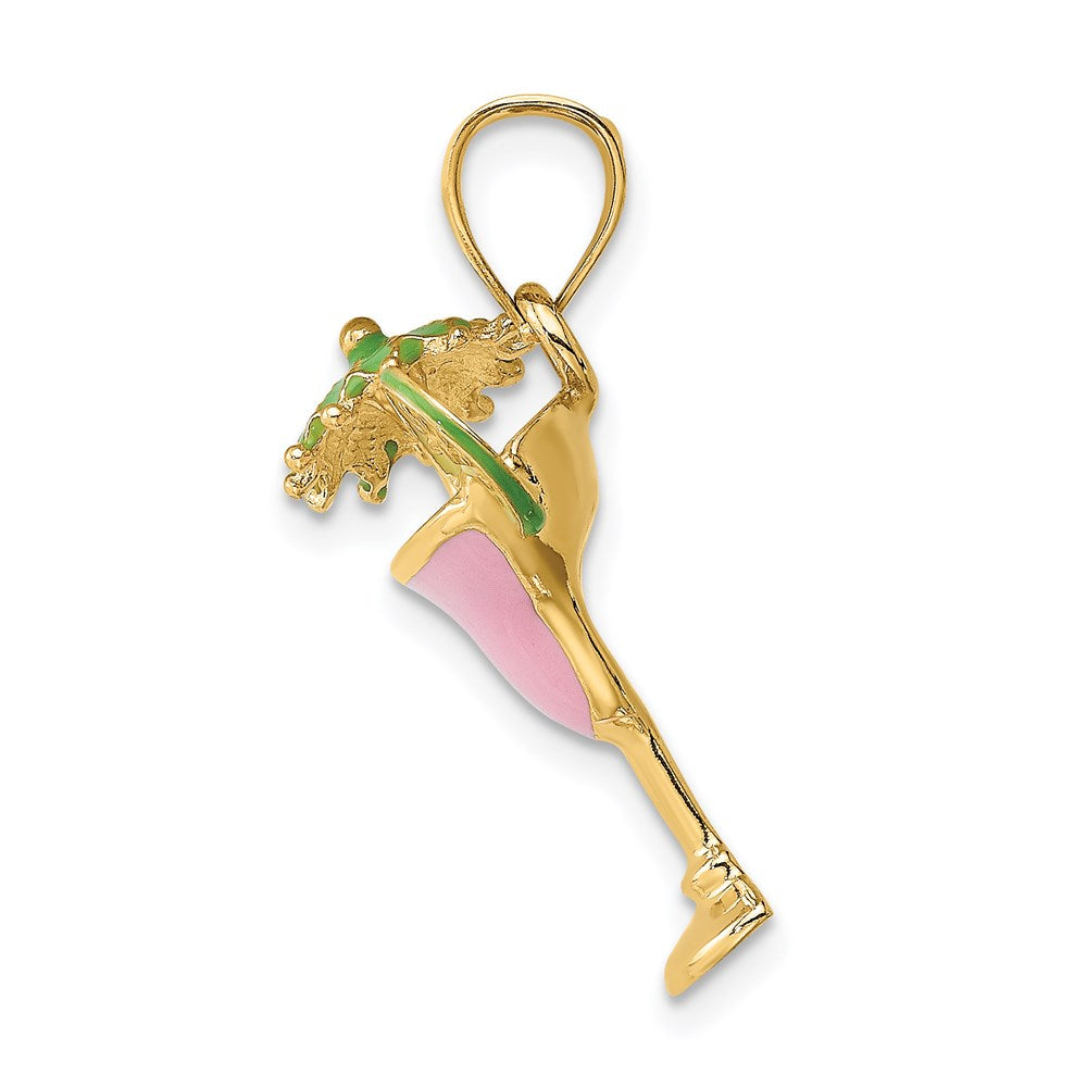 Million Charms 14K Yellow Gold Themed 2-D Pink Enameled Margarita Drink With Umbrella & Lime Charm