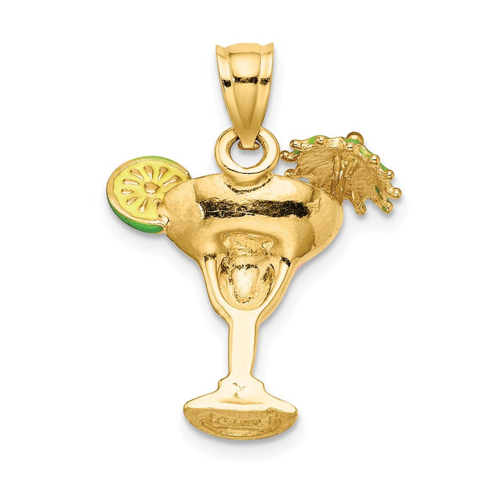 Million Charms 14K Yellow Gold Themed 2-D Pink Enameled Margarita Drink With Umbrella & Lime Charm