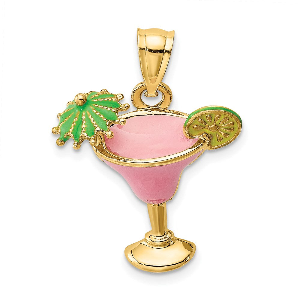 Million Charms 14K Yellow Gold Themed 2-D Pink Enameled Margarita Drink With Umbrella & Lime Charm