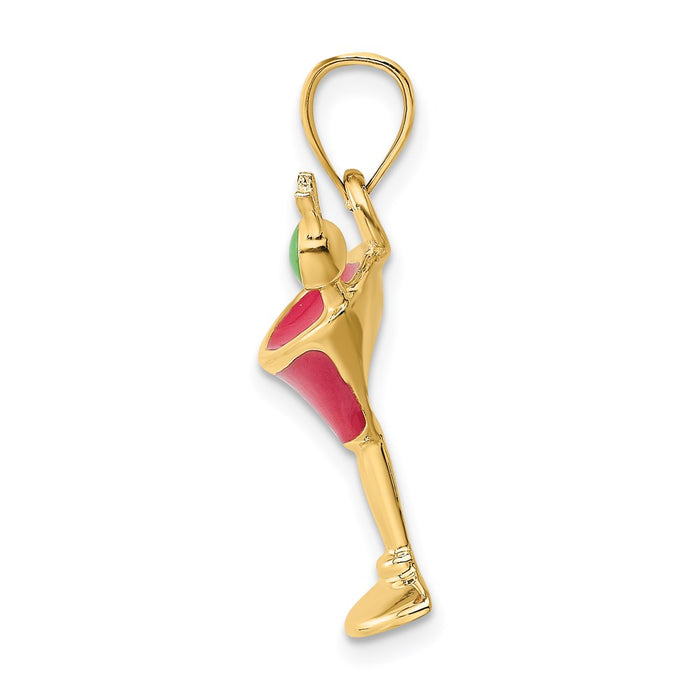 Million Charms 14K Yellow Gold Themed 2-D Fuschia Enameled Martini Drink With Olive Charm