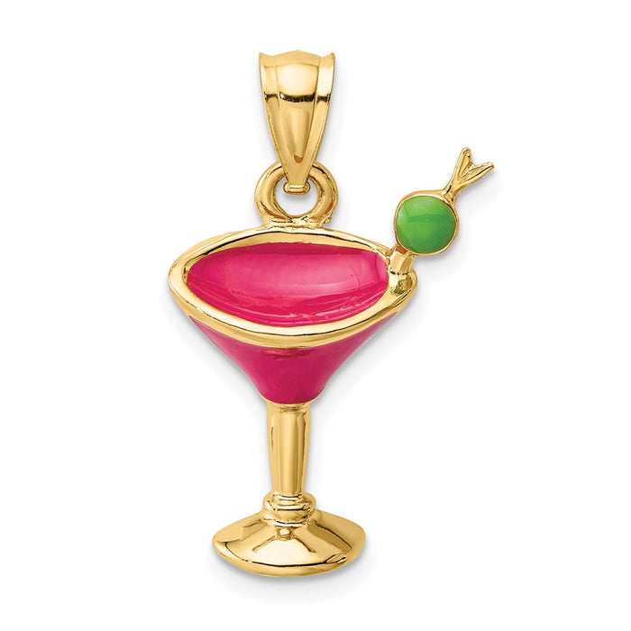 Million Charms 14K Yellow Gold Themed 2-D Fuschia Enameled Martini Drink With Olive Charm