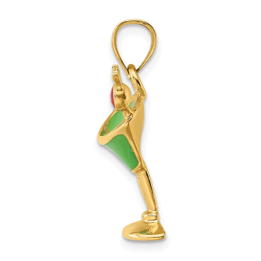 Million Charms 14K Yellow Gold Themed 2-D Green Enameled Martini With Cherry Charm