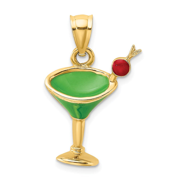 Million Charms 14K Yellow Gold Themed 2-D Green Enameled Martini With Cherry Charm