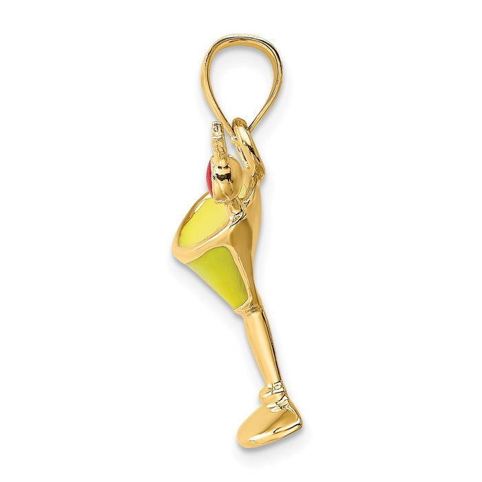 Million Charms 14K Yellow Gold Themed 2-D Yellow Enameled Martini Drink With Cherry Charm