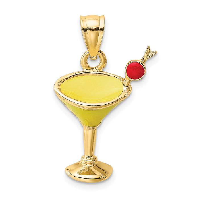 Million Charms 14K Yellow Gold Themed 2-D Yellow Enameled Martini Drink With Cherry Charm