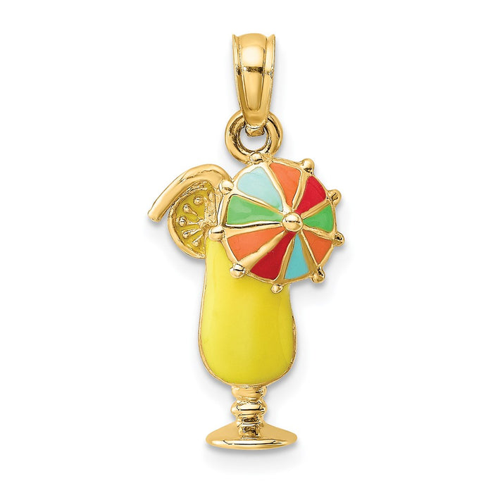 Million Charms 14K Yellow Gold Themed 2D Yellow Enameled Tropical Drink With Multi-Colored Umbrella Charm