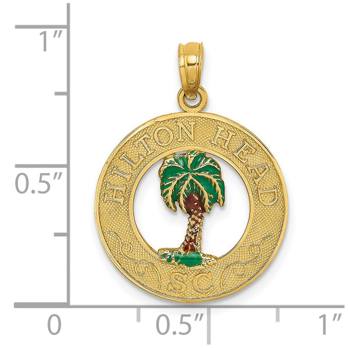 Million Charms 14K Yellow Gold Themed Hilton On Round Frame With Green Enameled Palm Tree Charm