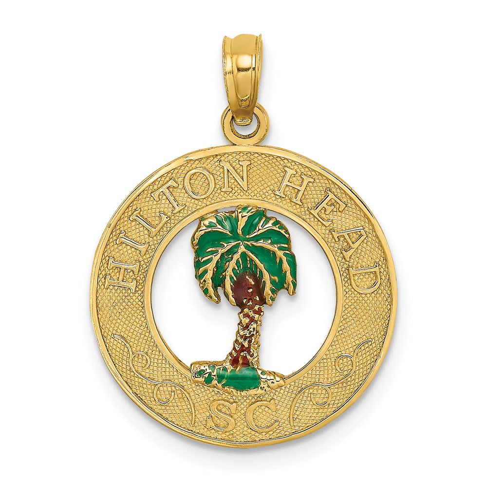Million Charms 14K Yellow Gold Themed Hilton On Round Frame With Green Enameled Palm Tree Charm