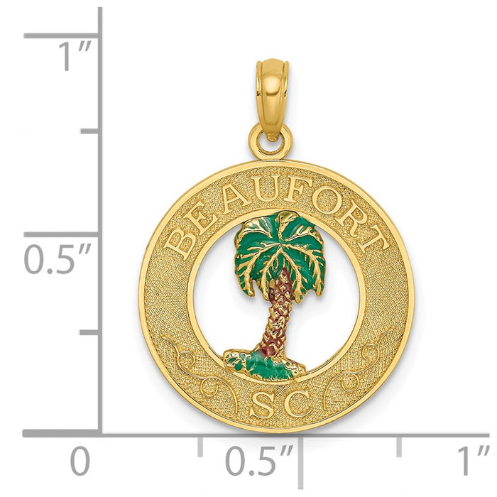 Million Charms 14K Yellow Gold Themed Beaufort On Round Frame With Enameled Palm Tree Charm