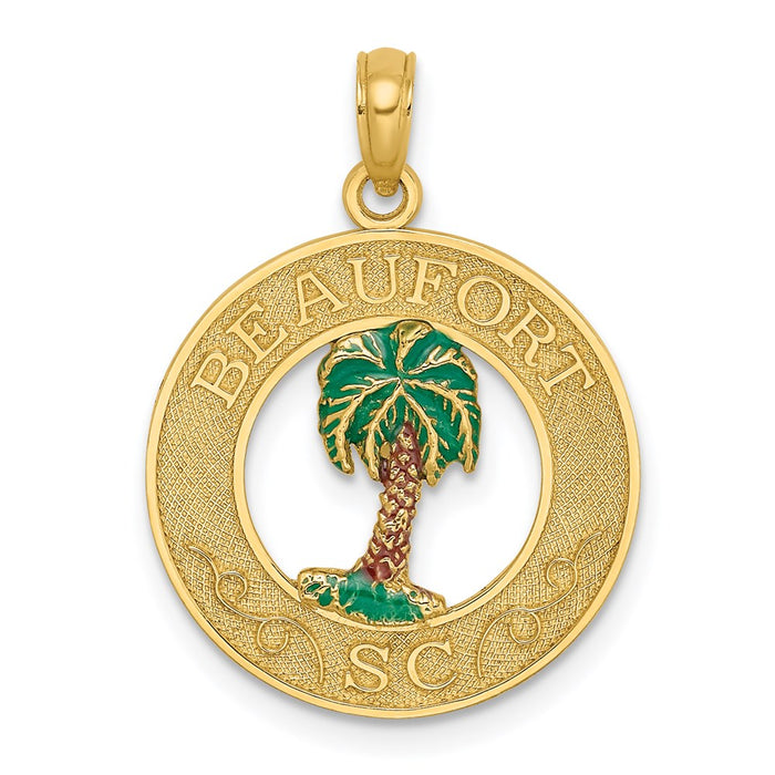 Million Charms 14K Yellow Gold Themed Beaufort On Round Frame With Enameled Palm Tree Charm