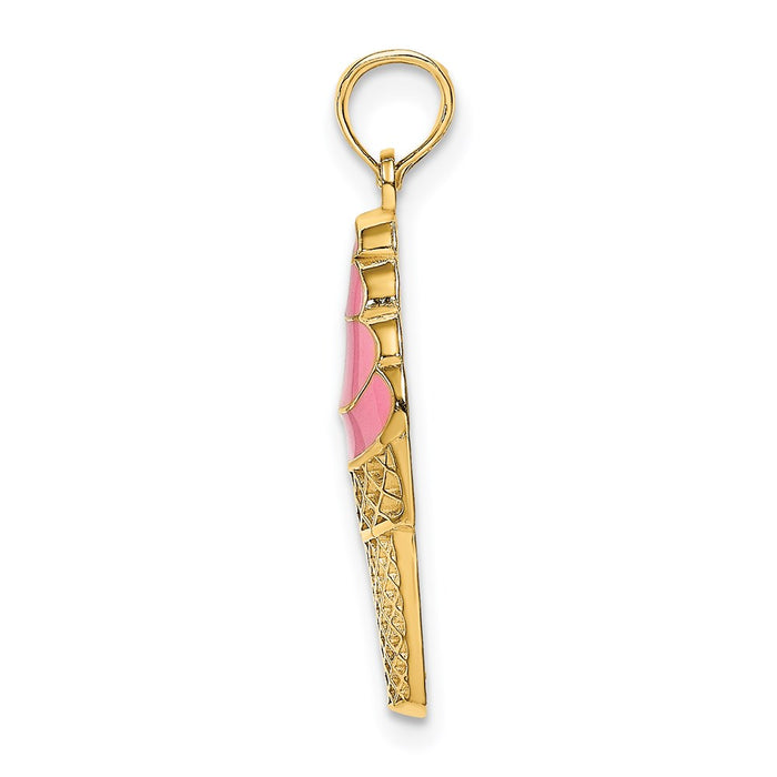 Million Charms 14K Yellow Gold Themed Strawberry Ice Cream Cone / 2-D (Pink Enamel)