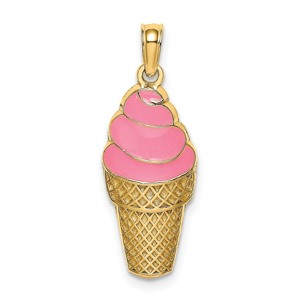 Million Charms 14K Yellow Gold Themed Strawberry Ice Cream Cone / 2-D (Pink Enamel)