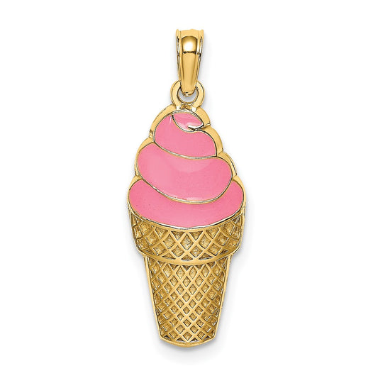 Million Charms 14K Yellow Gold Themed Strawberry Ice Cream Cone / 2-D (Pink Enamel)