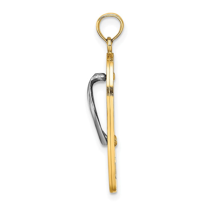 Million Charms 14K Yellow Gold Themed With Rhodium-plated Enamel Pink Flowers On Blue Stripes Flip-Flop Charm