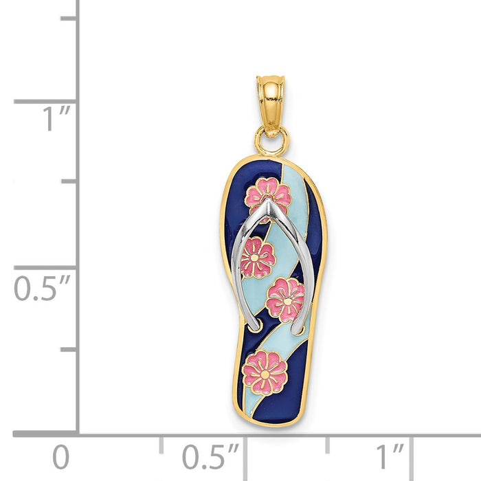 Million Charms 14K Yellow Gold Themed With Rhodium-plated Enamel Pink Flowers On Blue Stripes Flip-Flop Charm