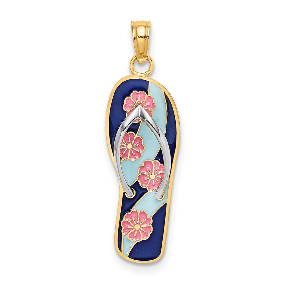 Million Charms 14K Yellow Gold Themed With Rhodium-plated Enamel Pink Flowers On Blue Stripes Flip-Flop Charm
