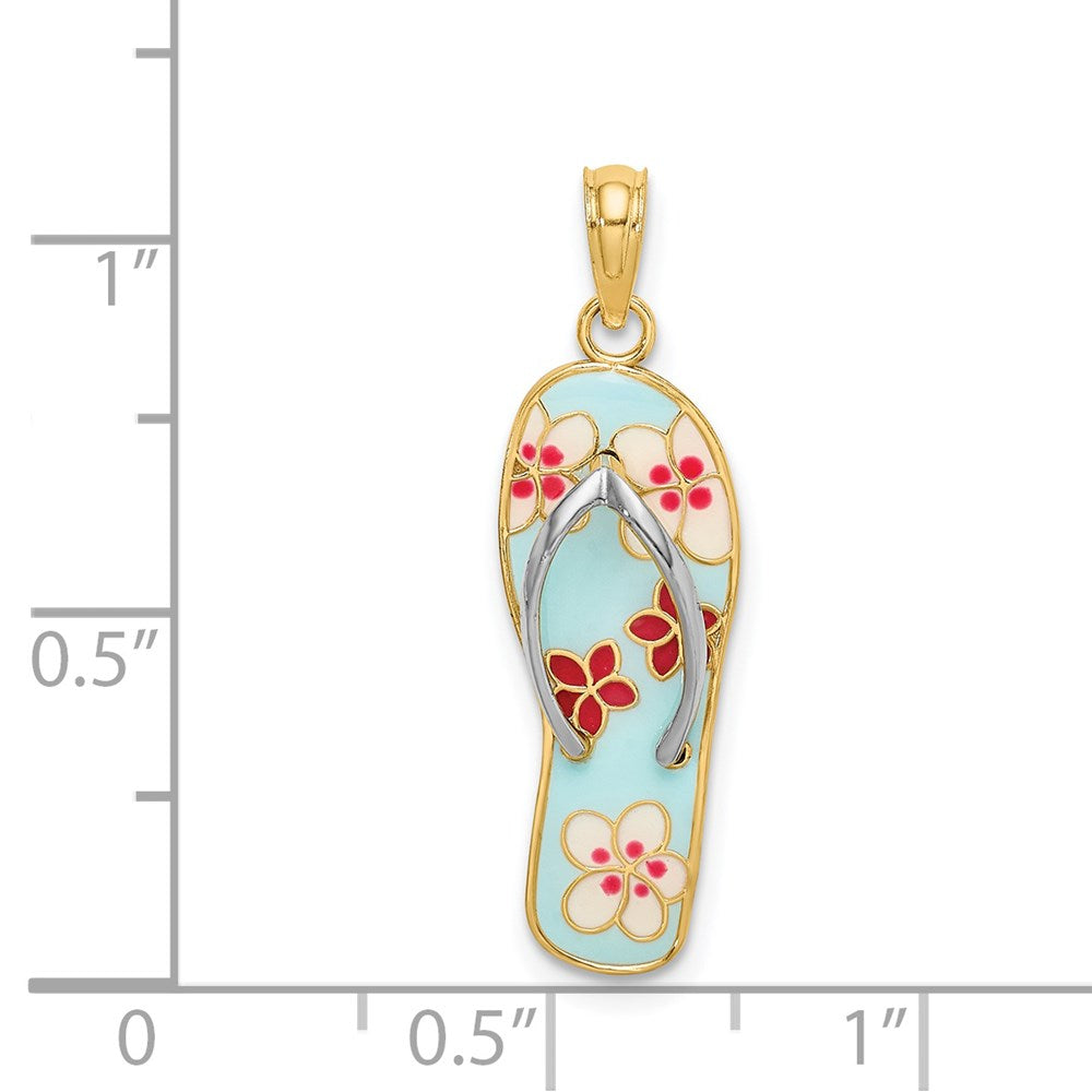 Million Charms 14K Yellow Gold Themed Enamel Fuschia & White Flowers On Aqua Flip-Flop Charm