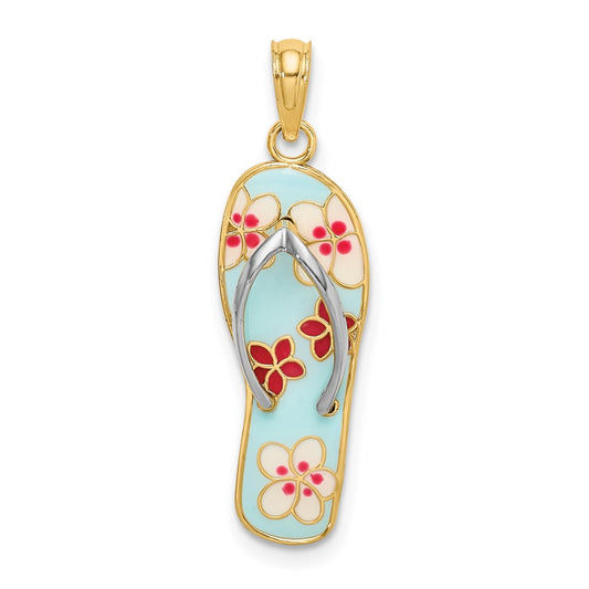 Million Charms 14K Yellow Gold Themed Enamel Fuschia & White Flowers On Aqua Flip-Flop Charm