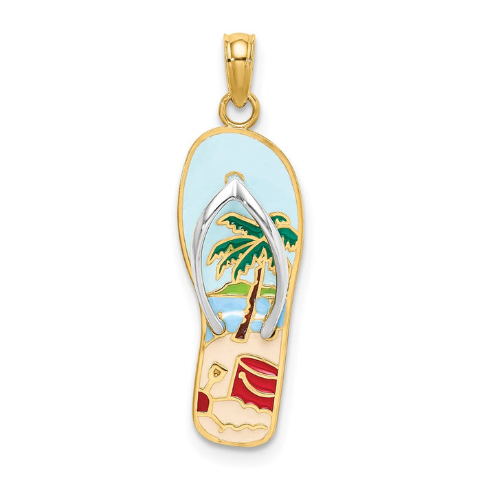Million Charms 14K Yellow Gold Themed Enamel Palm Tree & Bucket Flip-Flop Charm