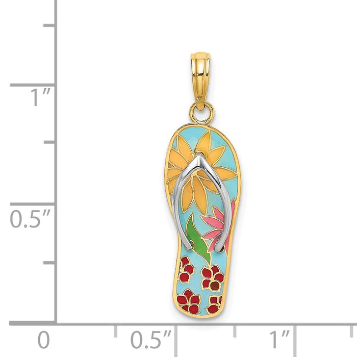 Million Charms 14K Yellow Gold Themed, Rhodium-plated Multi-Colored Enamel Fuschia Flowers On Flip-Flop Charm