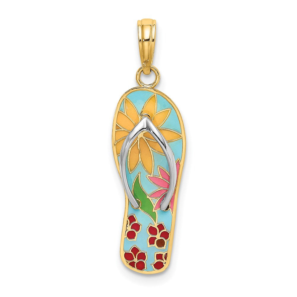 Million Charms 14K Yellow Gold Themed, Rhodium-plated Multi-Colored Enamel Fuschia Flowers On Flip-Flop Charm