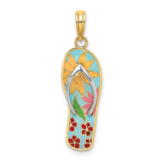Million Charms 14K Yellow Gold Themed, Rhodium-plated Multi-Colored Enamel Fuschia Flowers On Flip-Flop Charm