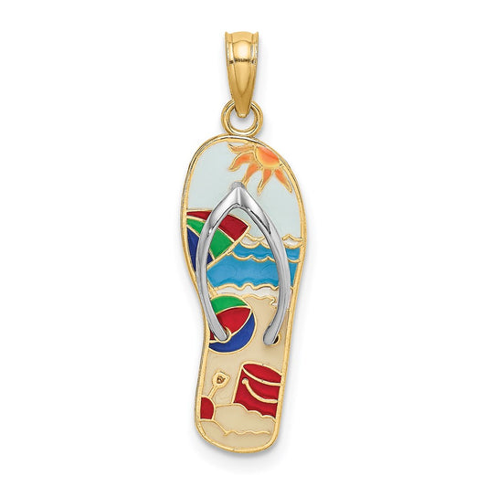 Million Charms 14K Yellow Gold Themed Multi-Colored Enamel Beach Scene On Flip-Flop Charm