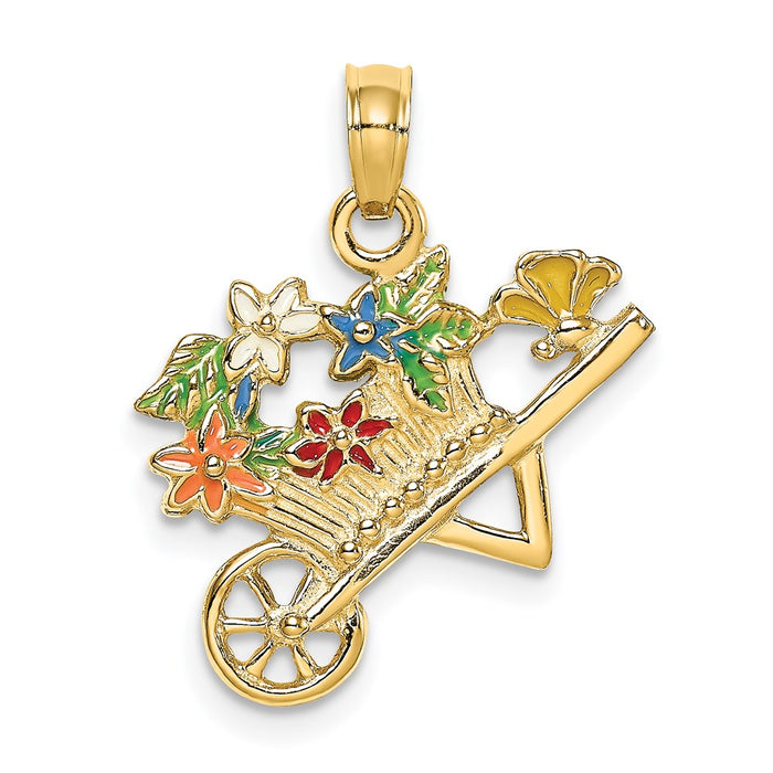 Million Charms 14K Yellow Gold Themed 3-D Multi-Color Enamel Flower Cart Charm