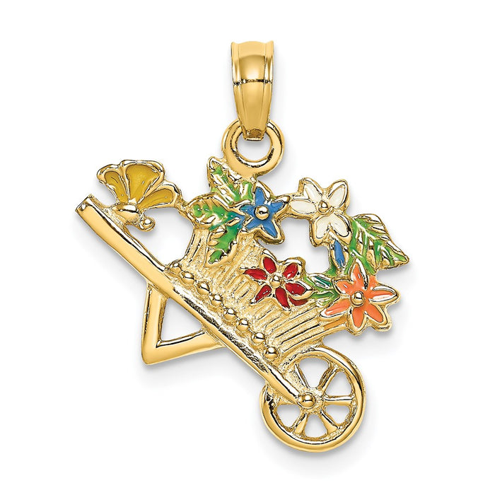 Million Charms 14K Yellow Gold Themed 3-D Multi-Color Enamel Flower Cart Charm