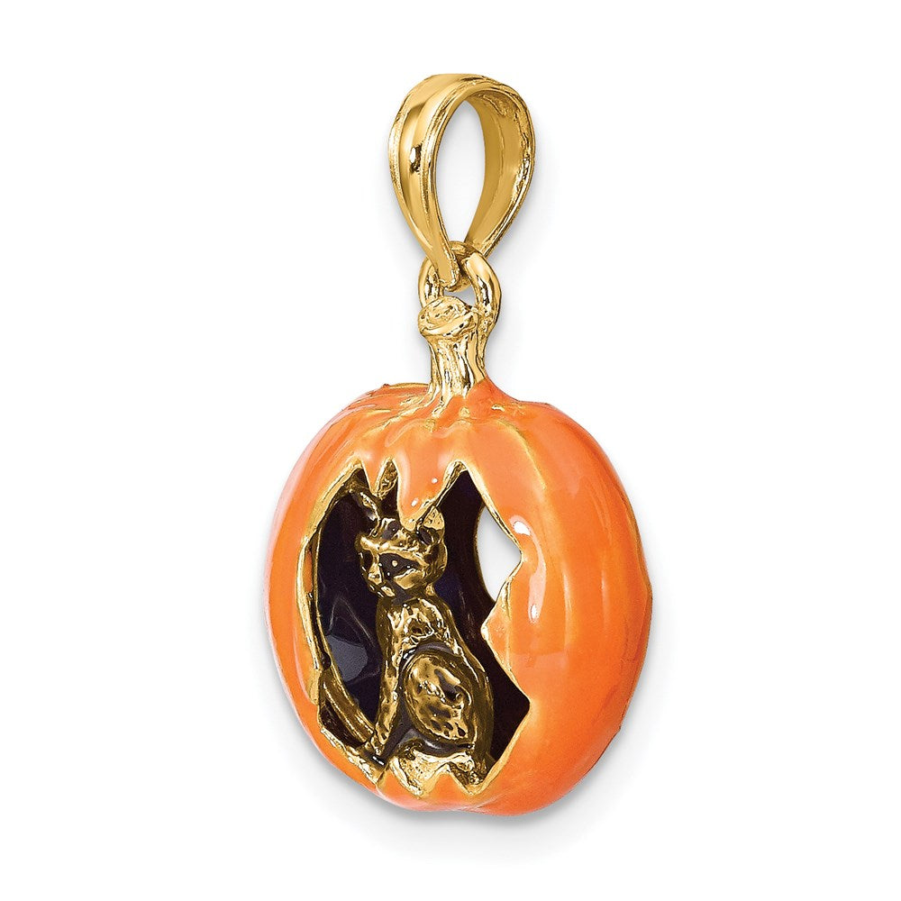 Million Charms 14K Yellow Gold Themed 3-D Enameled Pumpkin With Black Cat & Moon Charm