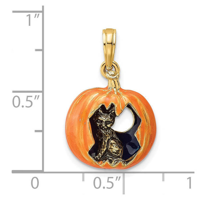 Million Charms 14K Yellow Gold Themed 3-D Enameled Pumpkin With Black Cat & Moon Charm