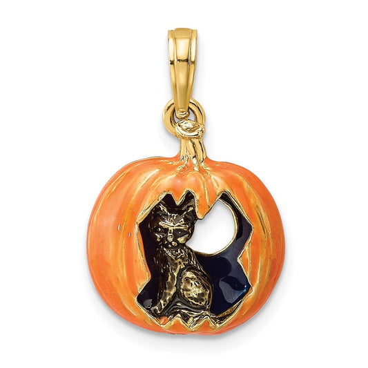 Million Charms 14K Yellow Gold Themed 3-D Enameled Pumpkin With Black Cat & Moon Charm